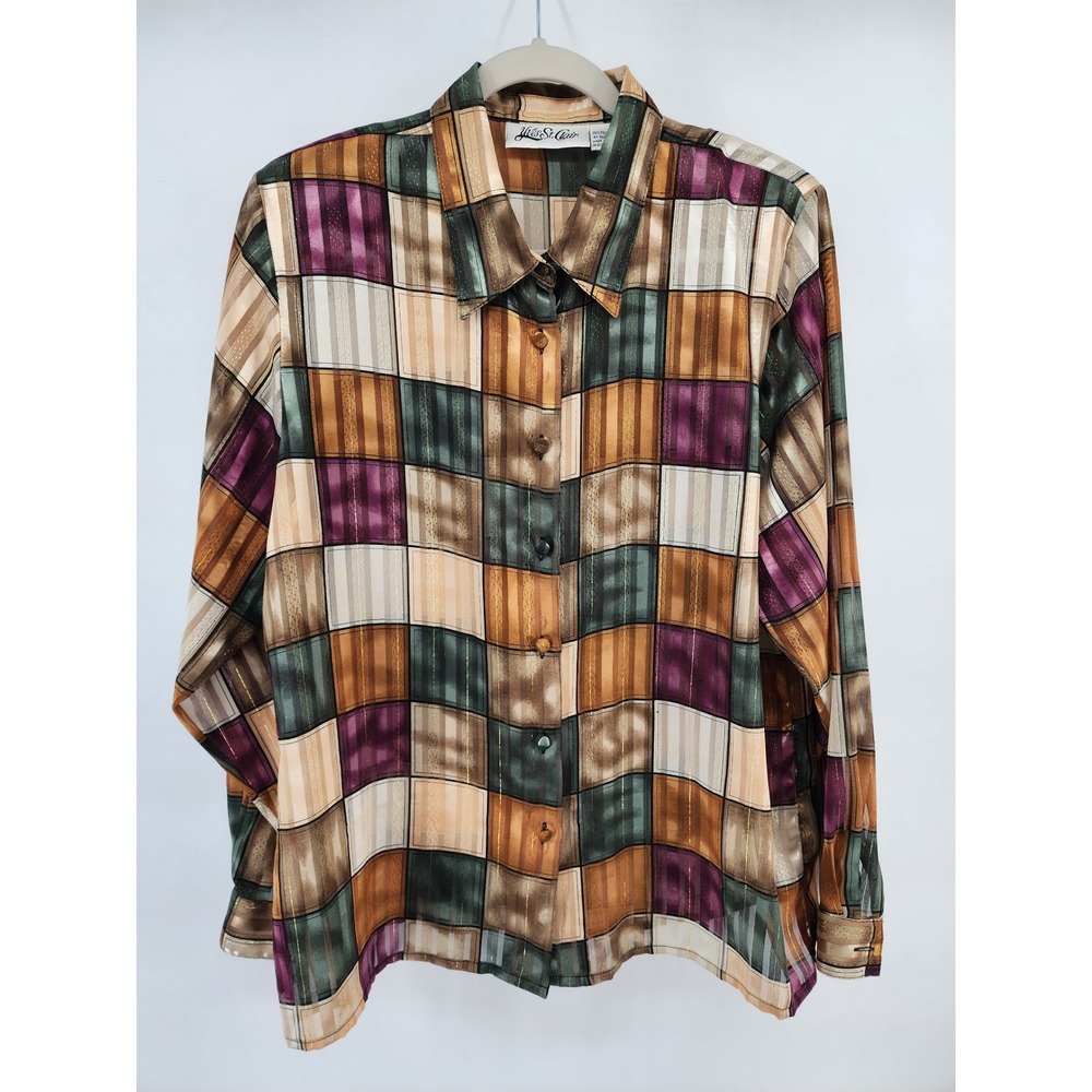 Yves St Clair Vintage Geometric Patchwork Metallic Lurex Button Down Shirt 16